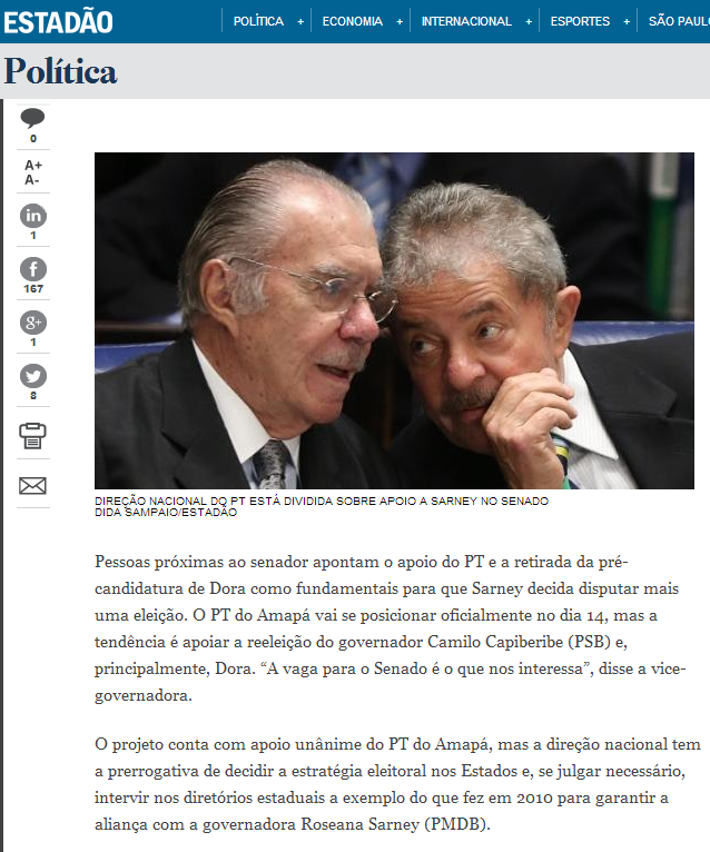 Estadão diz que sobrevida de Sarney depende de Lula