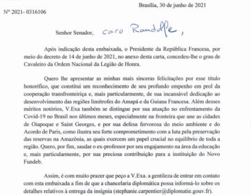 Macron dará a Randolfe a mais alta comenda da França