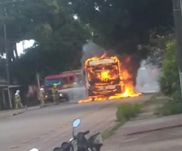 Ônibus fica destruído em incêndio