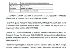 Presidente nacional do Pros desmente recurso e confirma Lobato como dirigente no Amapá