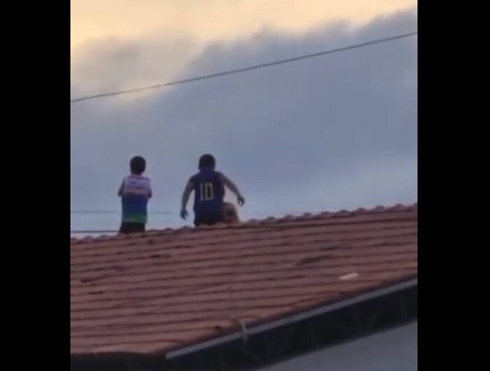 Brincadeira arriscada: crianças caminham em telhado de escola