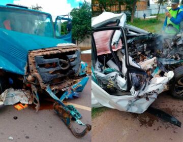 Caçamba e carro de passeio batem de frente em acidente com feridos