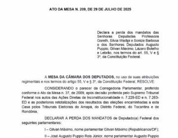 Câmara dos Deputados declara extintos mandatos de 4 parlamentares do Amapá
