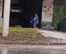 Maldade: Encharcado, cachorro tenta se proteger da chuva em loja, mas é expulso por homem