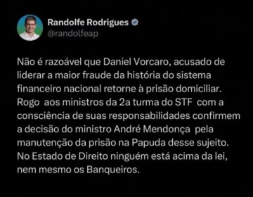 Randolfe defende manutenção da prisão de Daniel Vorcaro: ‘ninguém está acima da lei’